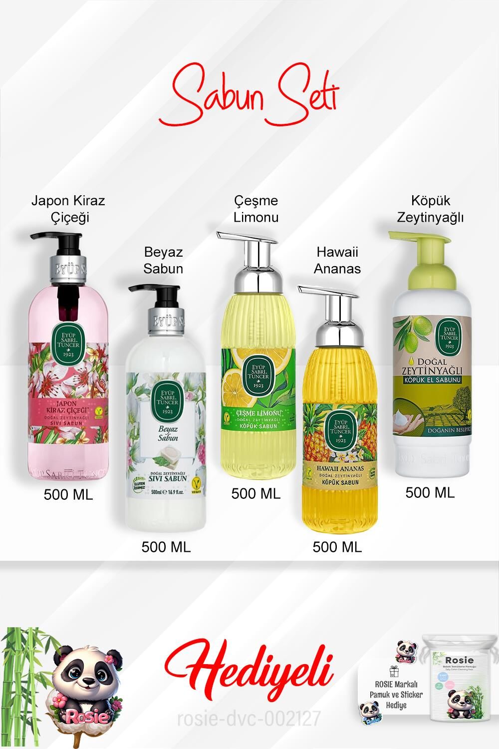 500 ML Sabun Paketi Çeşme Limonu,Japon Kiraz Çiçeği, Beyaz Sabun,Hawaii Ananas, Zeytinyağlı ve Rosie