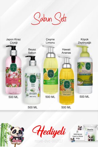 500 ML Sabun Paketi Çeşme Limonu,Japon Kiraz Çiçeği, Beyaz Sabun,Hawaii Ananas, Zeytinyağlı ve Rosie