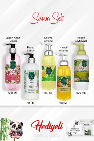 500 ML Sabun Paketi Çeşme Limonu,Japon Kiraz Çiçeği, Beyaz Sabun,Hawaii Ananas, Zeytinyağlı ve Rosie