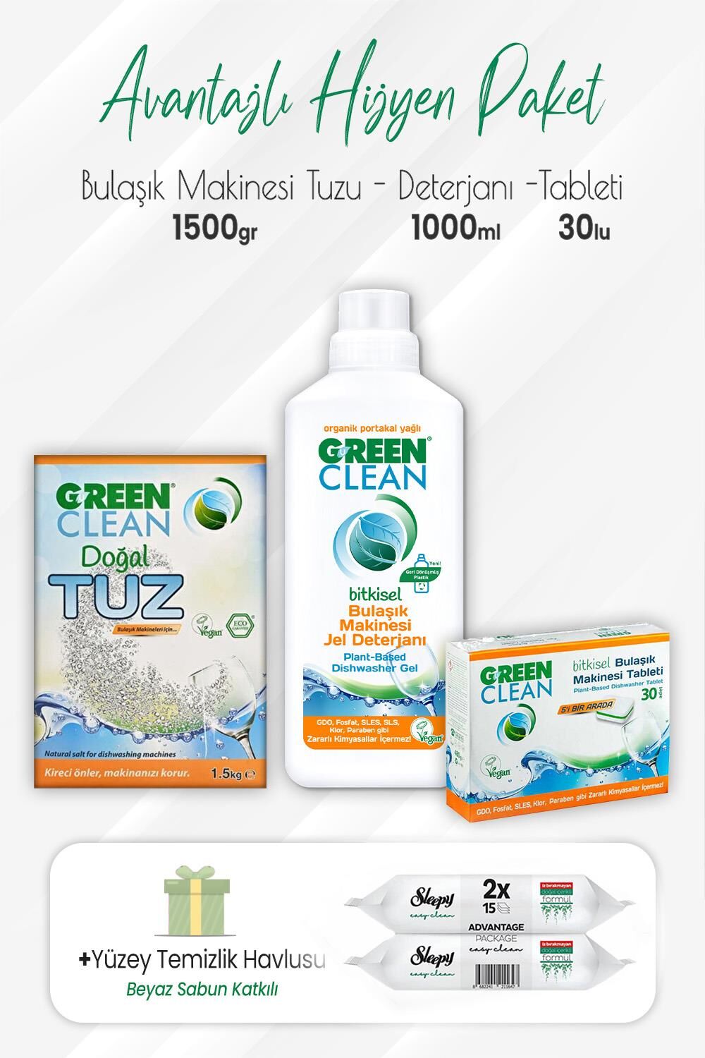 Green Clean Bulaşık Makinesi Temizlik Seti ve Easy Yüzey Temizlik 2x15 Yaprak