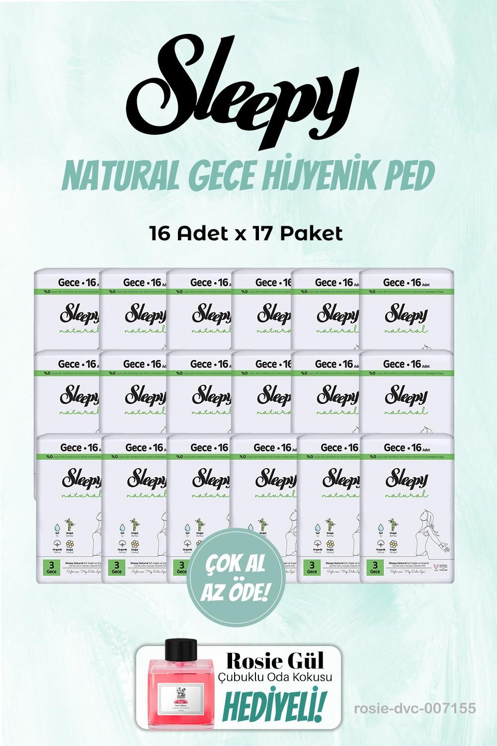 17'li Sleepy Gece Natural 16'lı Hijyenik Ped ve Rosie Oda kokusu