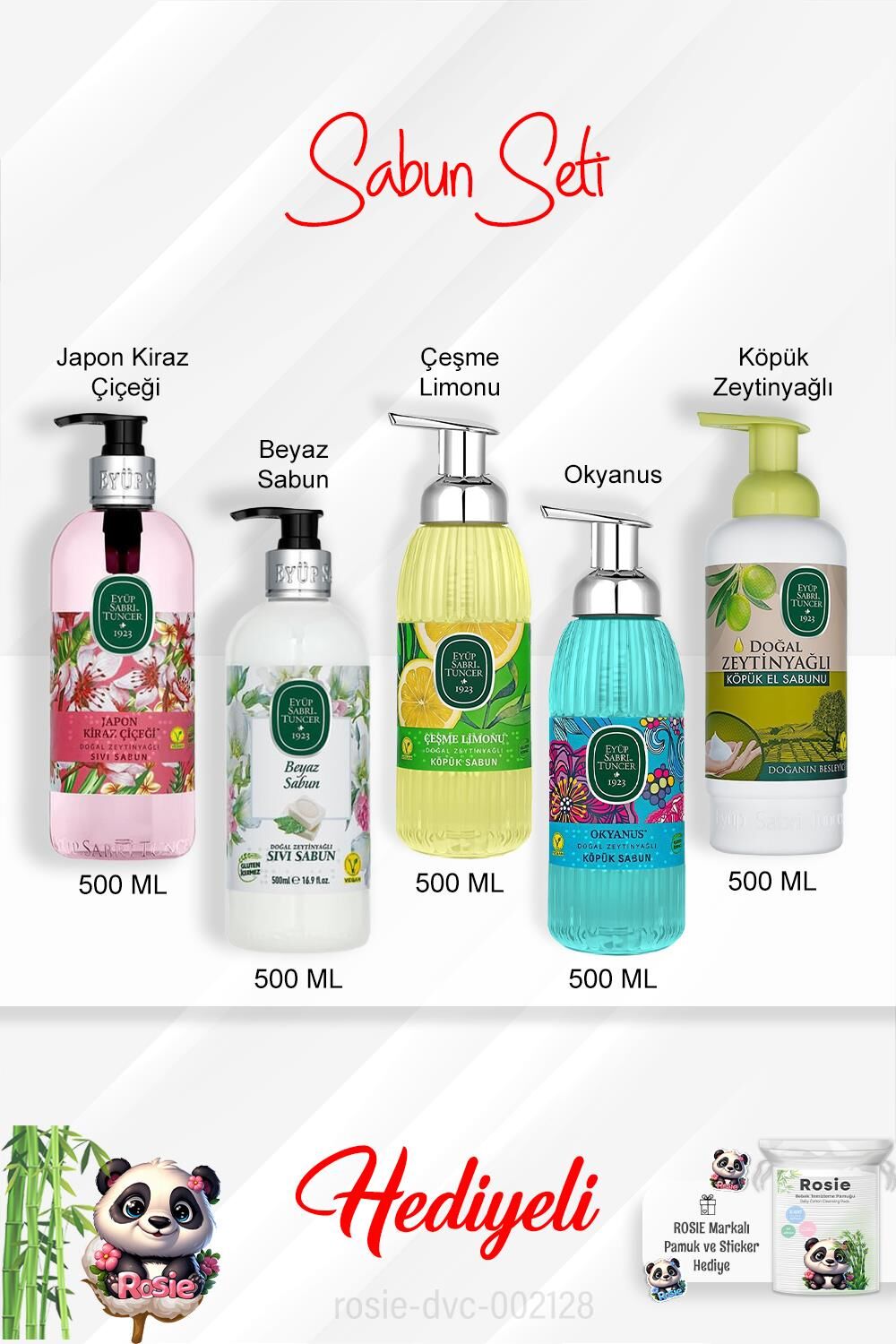 Sabun Paketi 500 ML Çeşme Limonu, Okyanus, Japon Kiraz Çiçeği, Beyaz Sabun, Zeytinyağlı ve Rosie