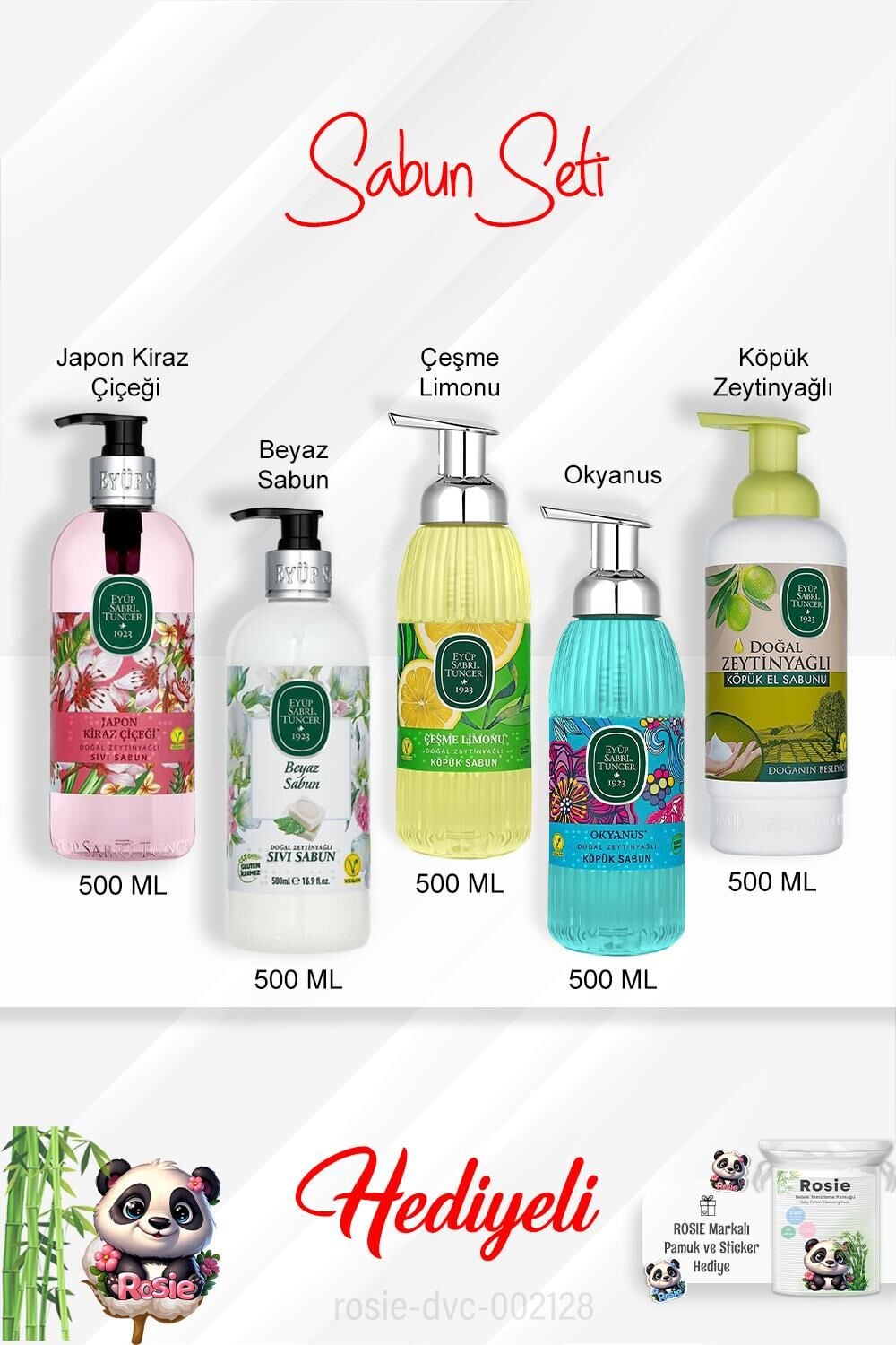 Sabun Paketi 500 ML Çeşme Limonu, Okyanus, Japon Kiraz Çiçeği, Beyaz Sabun, Zeytinyağlı ve Rosie
