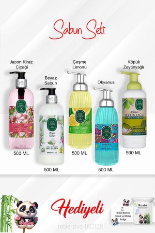 Sabun Paketi 500 ML Çeşme Limonu, Okyanus, Japon Kiraz Çiçeği, Beyaz Sabun, Zeytinyağlı ve Rosie