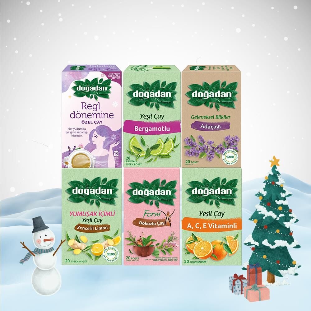 Doğadan Yılbaşı Paketi Dokuzlu, A,C,E Vitaminli, Regl Dönemine Özel, Adaçayı, Yeşil Çay Zencefil Limon ve Bergamot