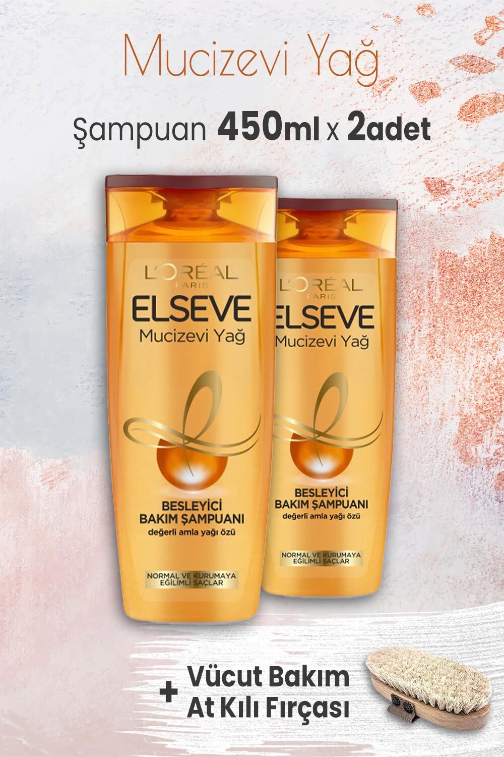 Elseve Mucizevi Yağ Besleyici Şampuan Amla Yağı 450 ml x 2 Adet ve Vücut Bakım At Kılı Fırçası