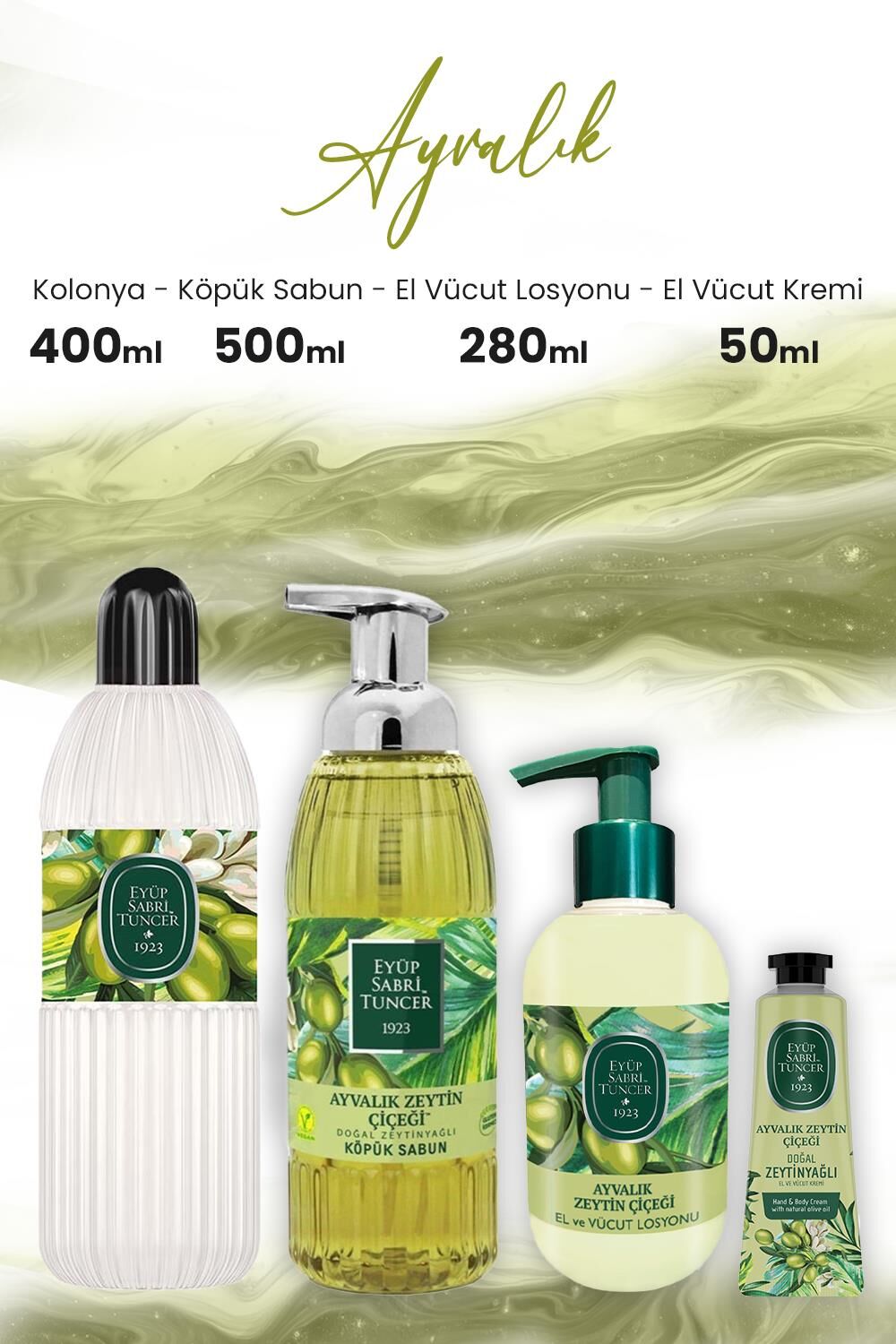 Eyüp Sabri Tuncer Ayvalık Zeytin Vücut Losyonu 280 ml, Kolonya 400 ml, Krem 50 ml ve Köpük Sabun 500 ml