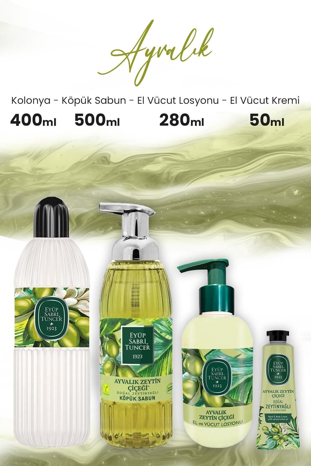 Eyüp Sabri Tuncer Ayvalık Zeytin Vücut Losyonu 280 ml, Kolonya 400 ml, Krem 50 ml ve Köpük Sabun 500 ml