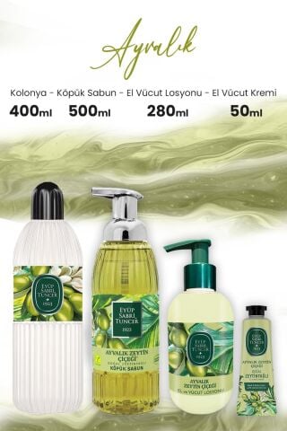 Eyüp Sabri Tuncer Ayvalık Zeytin Vücut Losyonu 280 ml, Kolonya 400 ml, Krem 50 ml ve Köpük Sabun 500 ml
