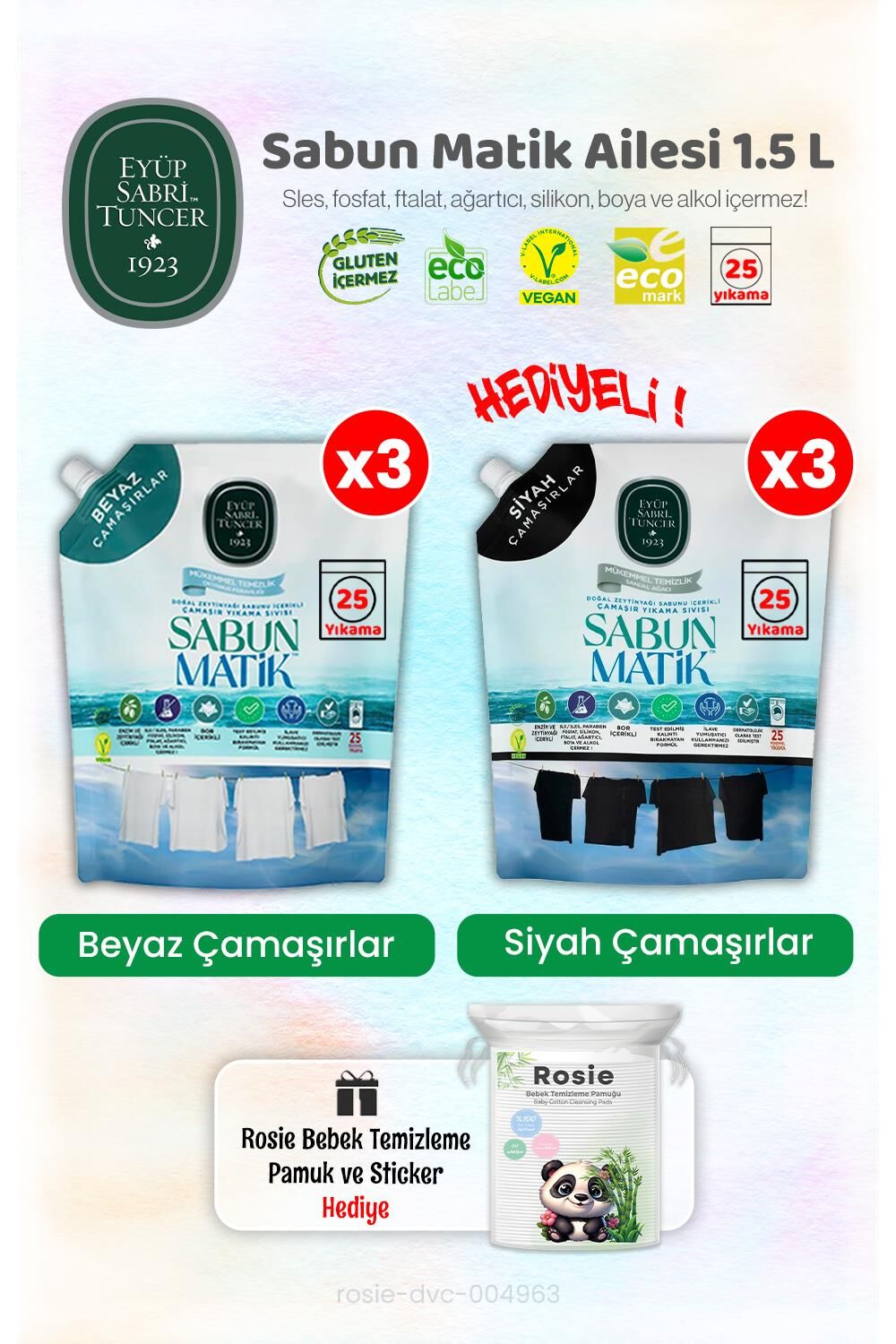 Beyazlar x3 + Siyahlar x3 Çamaşır Yıkama Sıvısı 1.5 L ve ROSIE