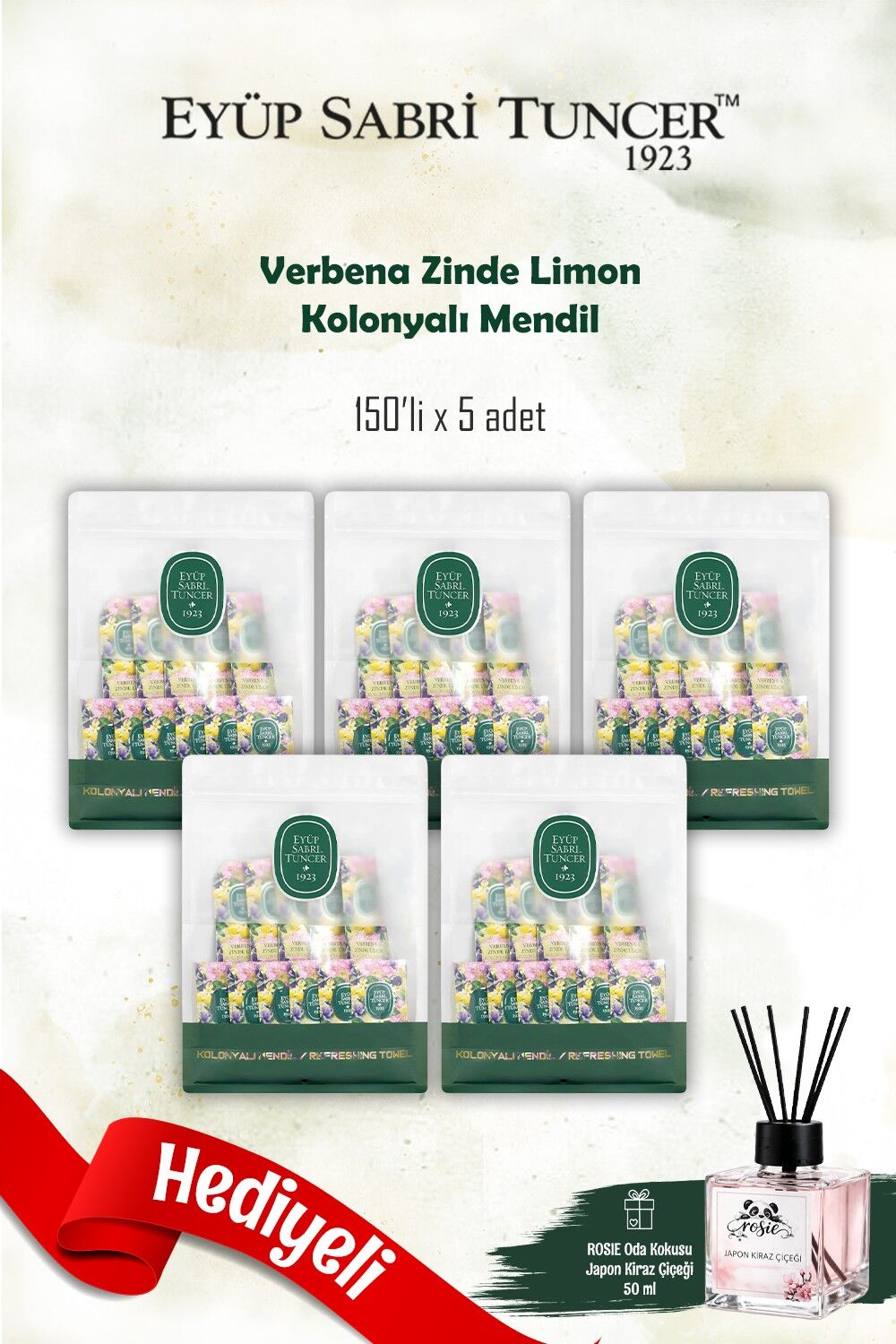 150'li Eyüp Sabri Tuncer Verbena & Zinde Limon 5 paket Koloyalı Mendil ve Rosie Koku
