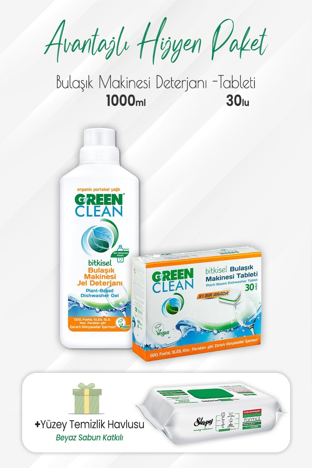 Green Clean Bulaşık Makinesi Jel Deterjan 1 lt, Tablet 30 Adet ve Easy Yüzey 100' lü