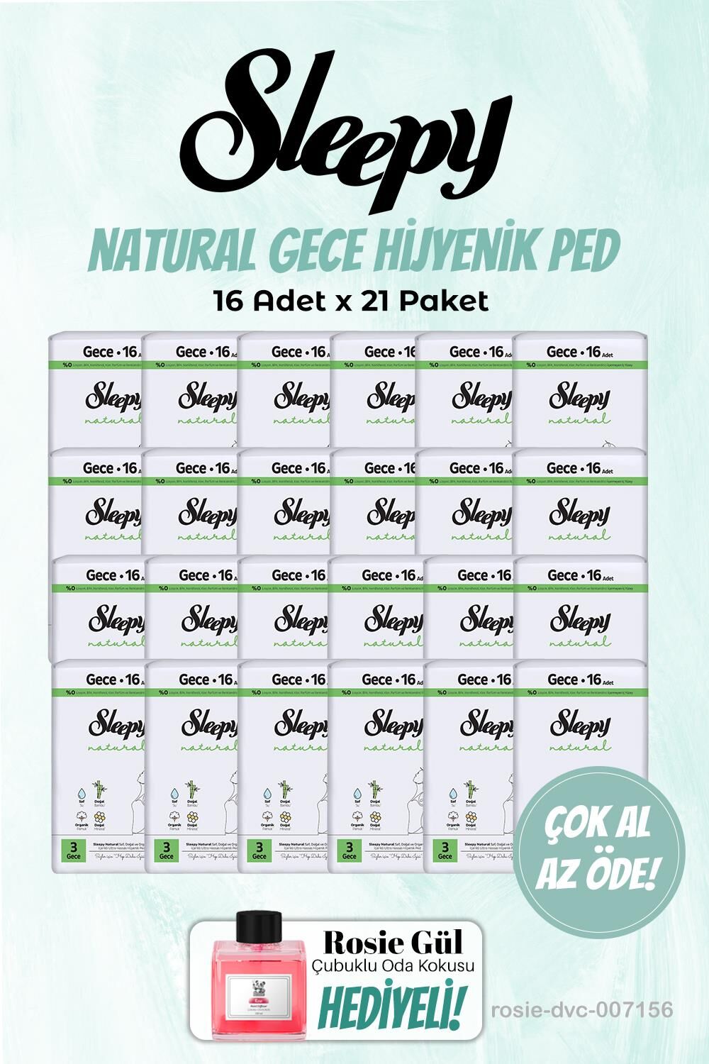 21 Paket Sleepy Gece Natural 16'lı Hijyenik Ped ve Rosie Oda kokusu