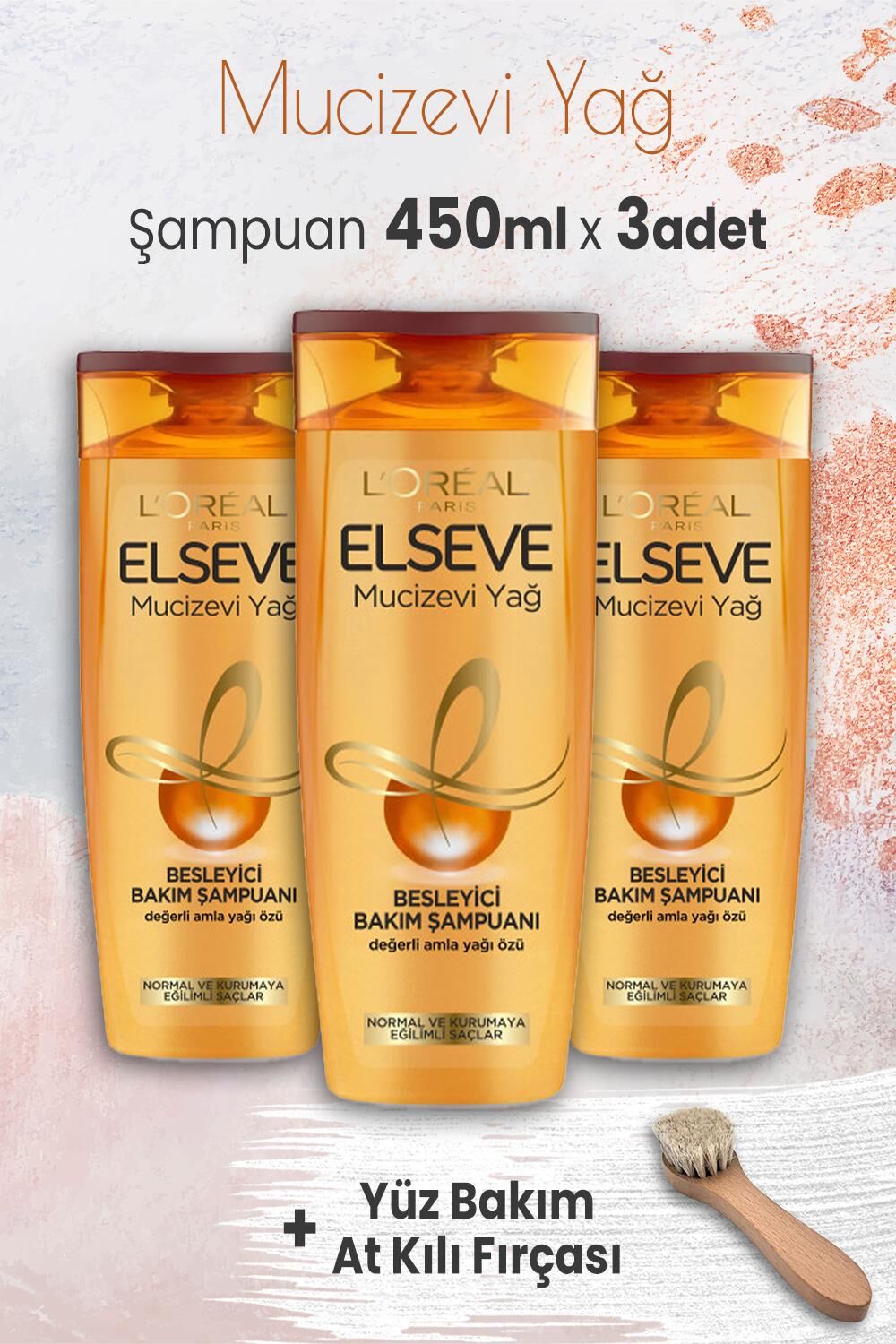 Elseve Mucizevi Yağ Besleyici Şampuan Amla Yağı 450 ml x 3 Adet ve Yüz Bakım At Kılı Fırçası