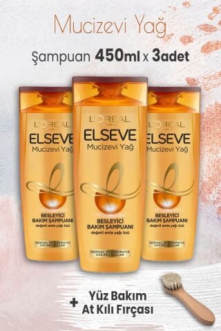 Elseve Mucizevi Yağ Besleyici Şampuan Amla Yağı 450 ml x 3 Adet ve Yüz Bakım At Kılı Fırçası