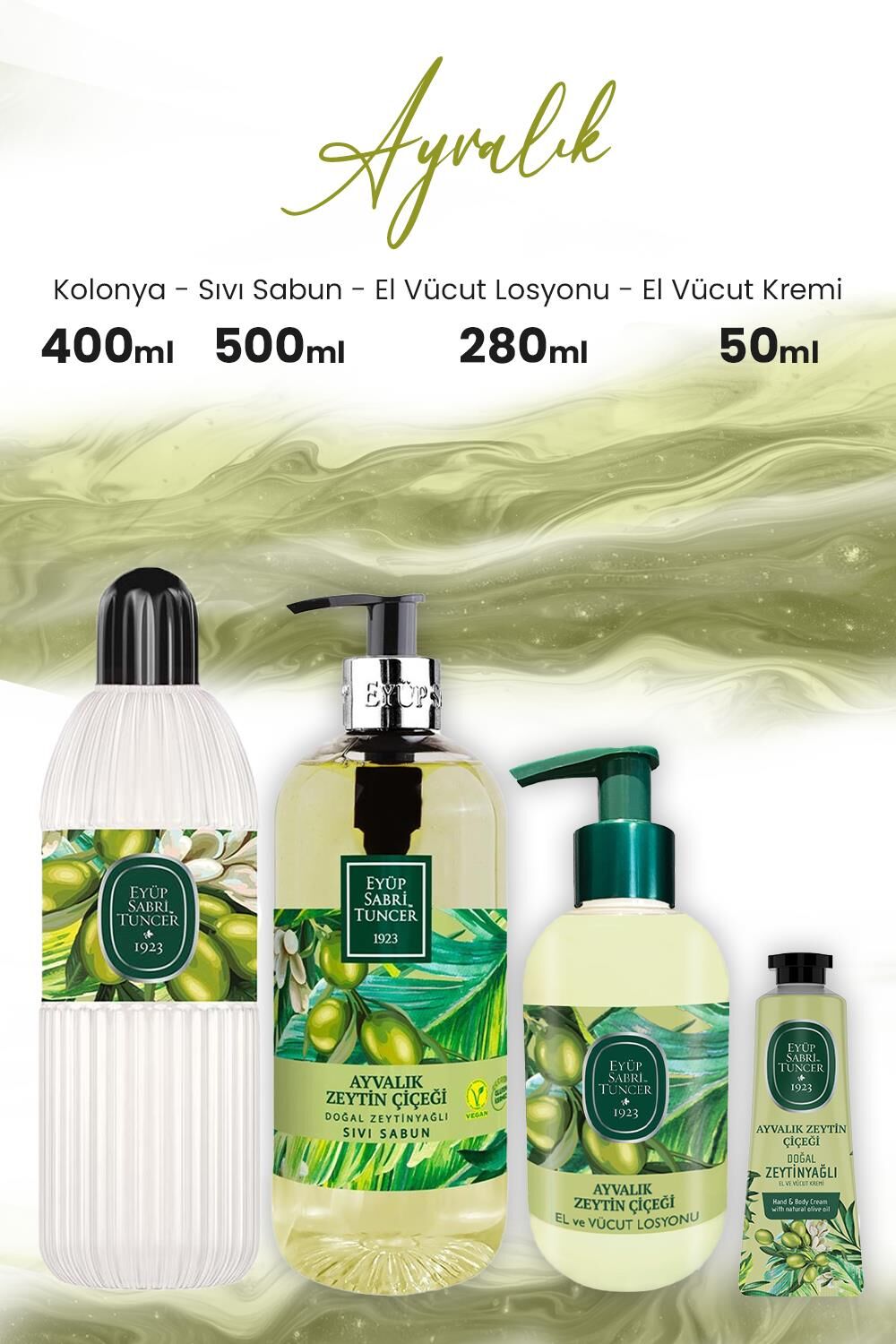 Eyüp Sabri Tuncer Ayvalık Zeytin Vücut Losyonu 280 ml, Sıvı Sabun 500 ml, Kolonya 400 ml ve Krem 50 ml