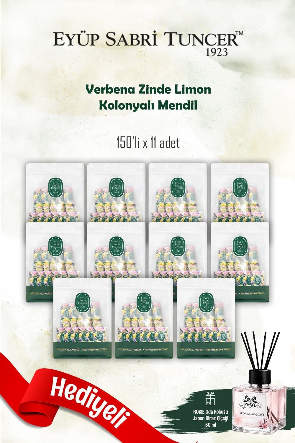 150'li Eyüp Sabri Tuncer Verbena & Zinde Limon Koloyalı Mendil 11 paket ve Rosie Koku