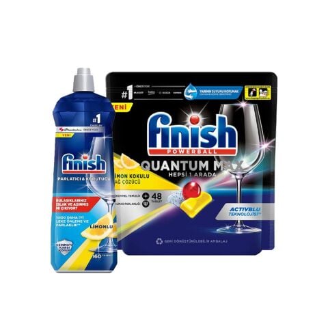 Finish Quantum Max Bulaşık Makinası Deterjanı Tableti Limonlu 48' li ve Parlatıcı Limonlu 800 ml