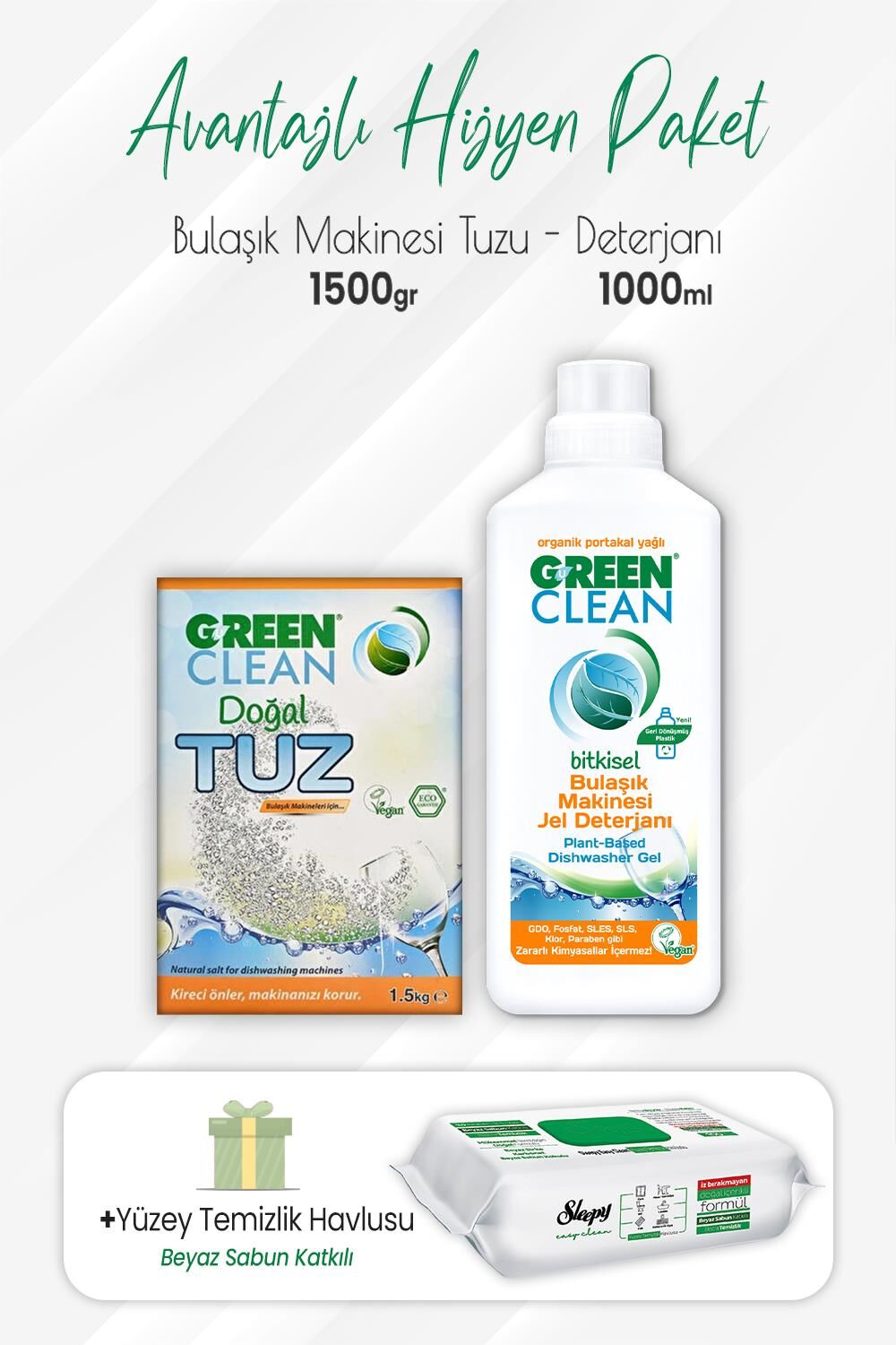 Green Clean Bulaşık Makinesi Jel Deterjan 1 lt, Makinesi Tuzu 1,5 kg ve Easy Yüzey Temizlik 100' lü
