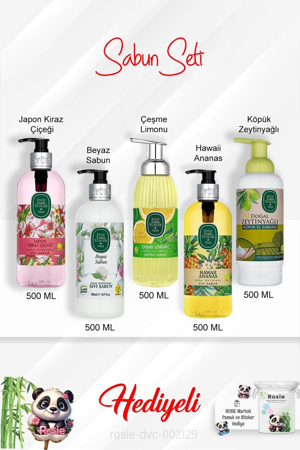 Sabun Paketi 500 ML Hawaii Ananas,Çeşme Limonu, Japon Kiraz Çiçeği, Beyaz Sabun, Zeytinyağlı ve Rosie