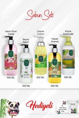 Sabun Paketi 500 ML Hawaii Ananas,Çeşme Limonu, Japon Kiraz Çiçeği, Beyaz Sabun, Zeytinyağlı ve Rosie