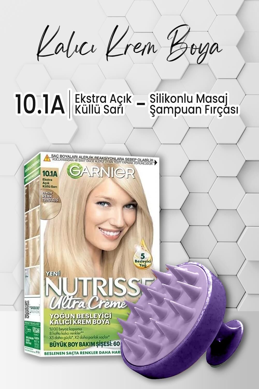 Garnier Nutrisse Yoğun Besleyici Krem Saç Boyası 10.1A Ekstra Açık Küllü Sarı ve Şampuan Fırçası Mor