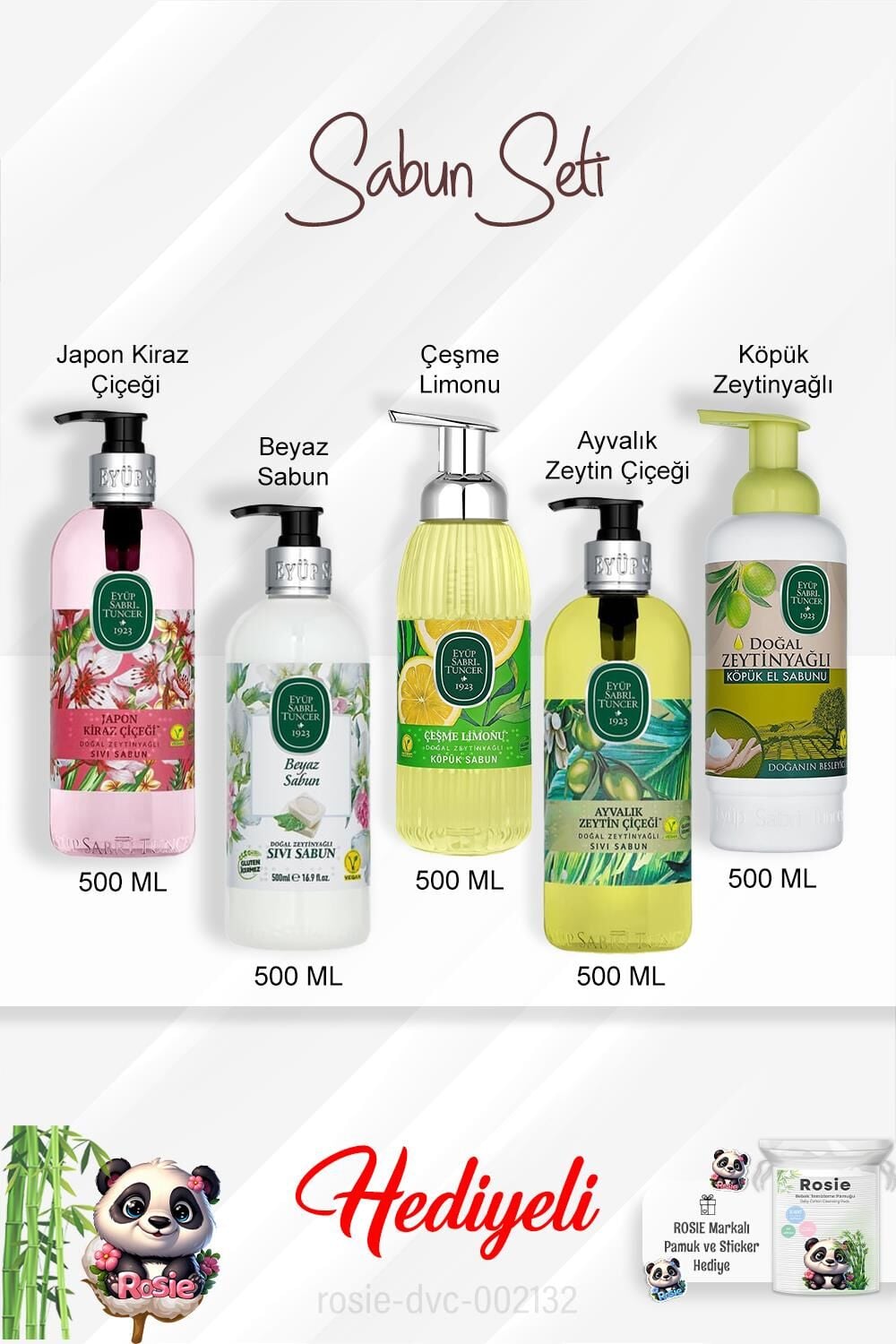 Sabun Paketi Ayvalık Zeytin Çiçeği, Çeşme Limonu, Japon Kiraz Çiçeği, Beyaz Sabun, Zeytinyağlı 500 ML ve Rosie