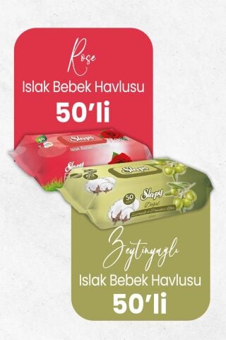 Sleepy Islak Bebek Havlusu Gül Kokulu 50'li ve Zeytinyağlı 50'li x 2 Adet (100 Yaprak)