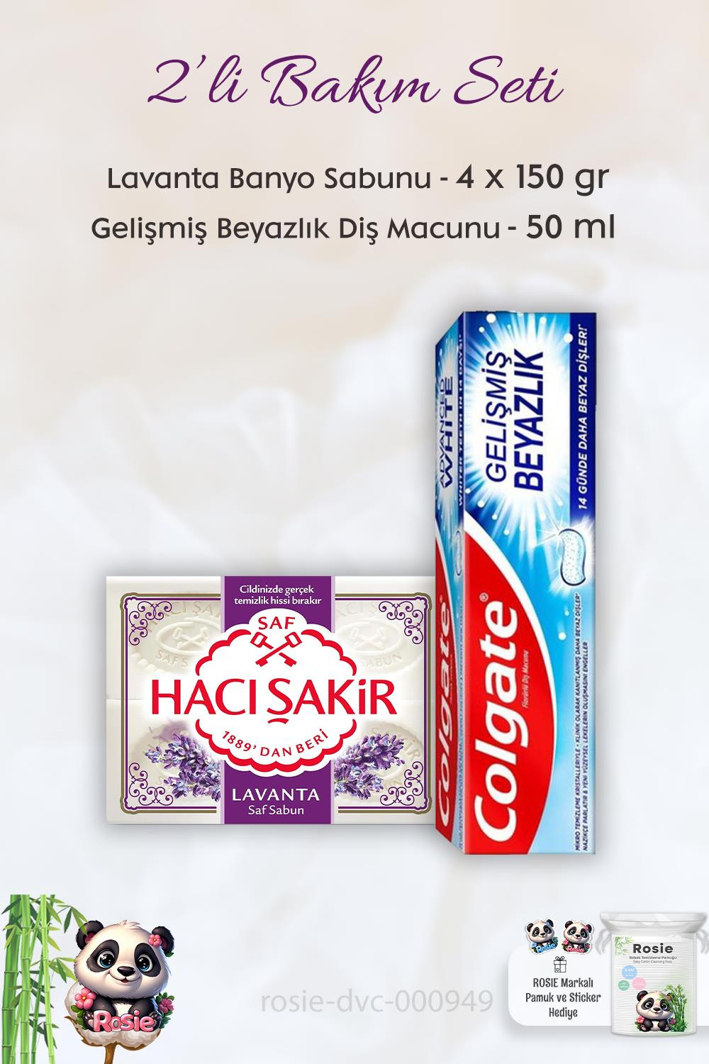 Colgate Diş Macunu Gelişmiş Beyazlık 50 ml,  H. Şakir Lavanta Kokulu Banyo Sabunu 4 x 150 gr ve ROSIE