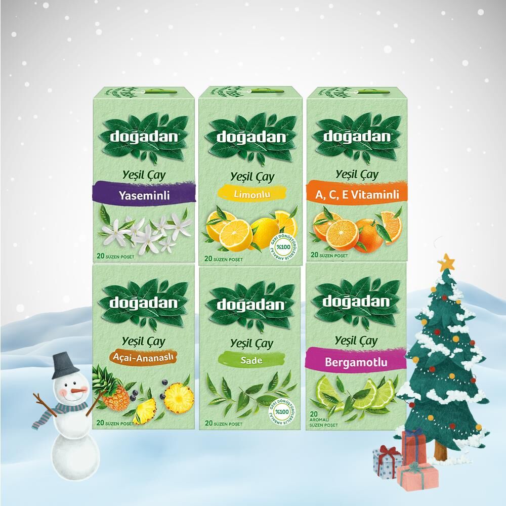 Doğadan Yılbaşı Paketi Yeşil Çay Bardak Poşet Çay Seti 6' lı