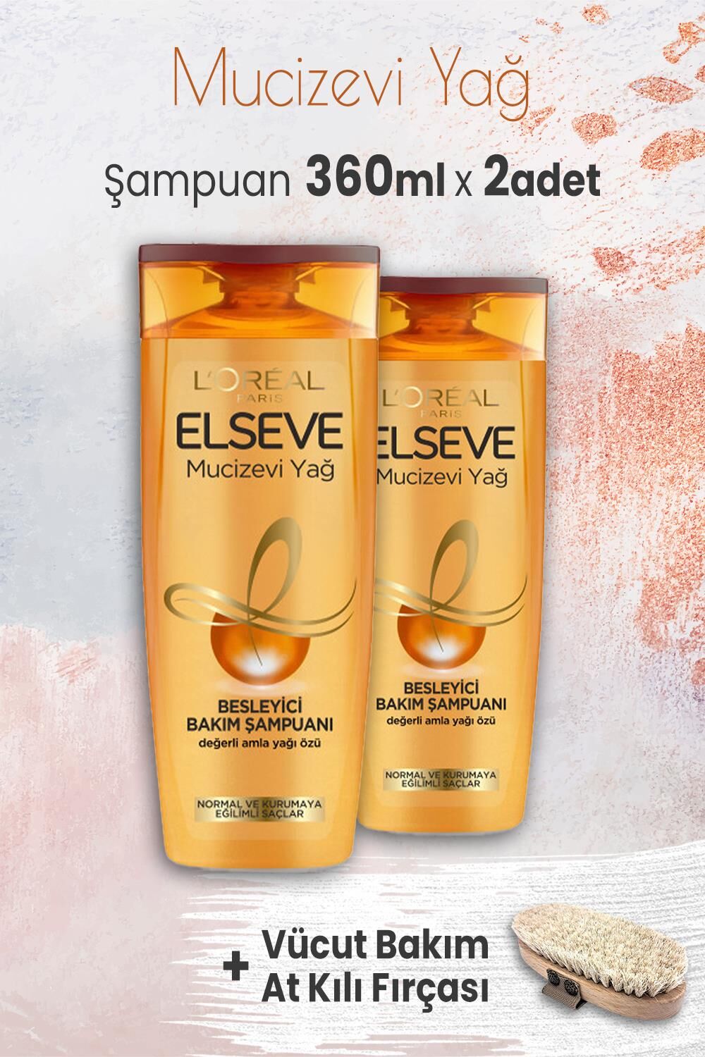 Elseve Mucizevi Yağ Besleyici Şampuan Amla Yağı 360 ml x 2 Adet ve Vücut Bakım At Kılı Fırçası