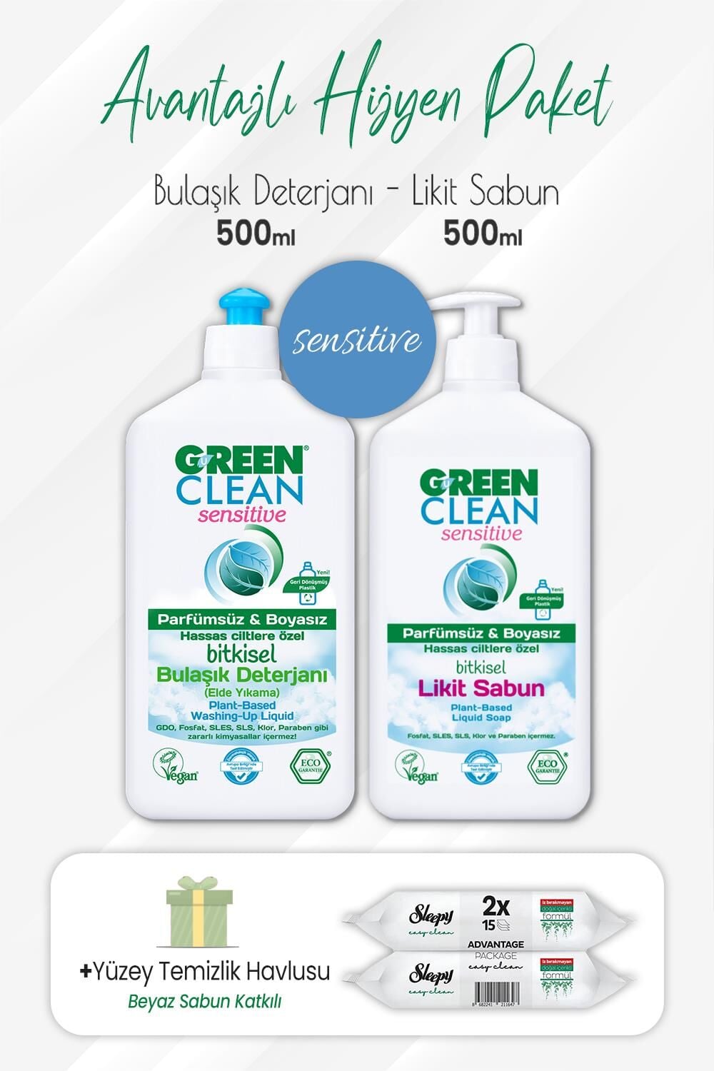 Green Clean Sensitive Bulaşık Deterjan 500 ml, Likit Sabun 500 ml ve Easy Yüzey 2x15 Yaprak
