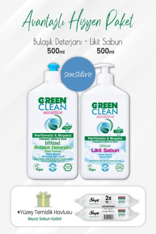 Green Clean Sensitive Bulaşık Deterjan 500 ml, Likit Sabun 500 ml ve Easy Yüzey 2x15 Yaprak