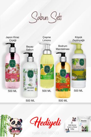 Sabun Paketi Bodrum Mandalinası, Çeşme Limonu, Japon Kiraz Çiçeği, Beyaz Sabun, Zeytinyağlı 500 ML ve Rosie