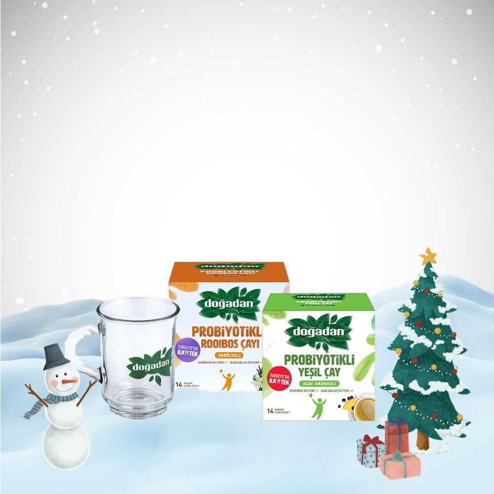 Doğadan Yılbaşı Paketi Probiyotikli Yeşil Çay Açai Ananaslı ve Roobios Vanilya 14'lü, Cam Bardak Hediyeli