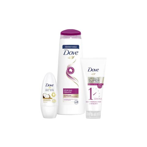 Dove Uzun Saç Terapisi Şampuan, Saç Kremi ve Hindistan Cevizi Roll-On