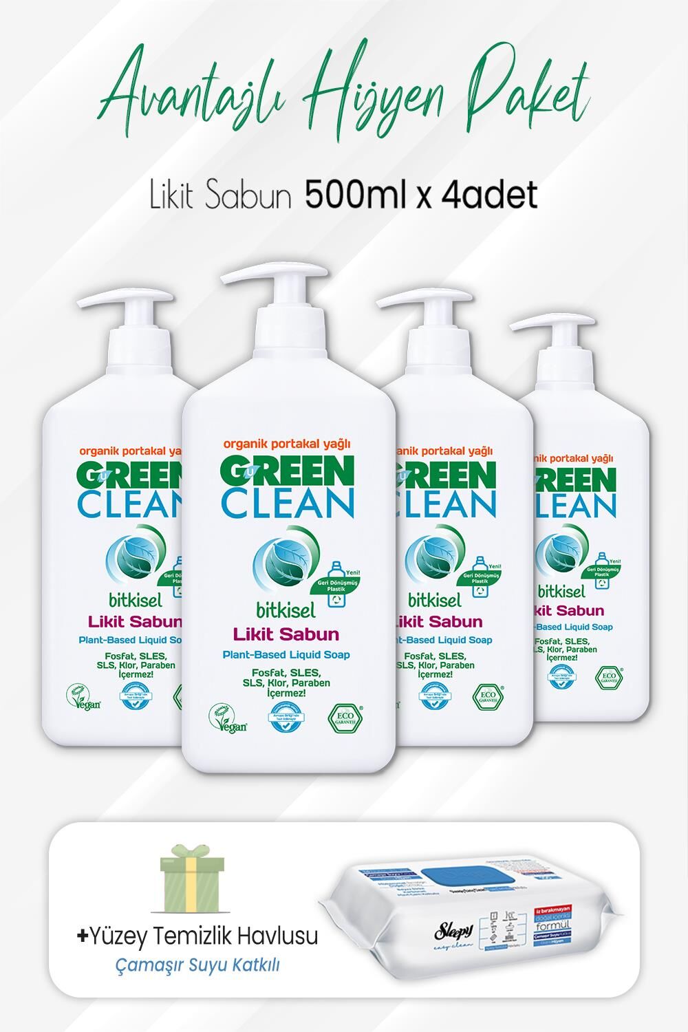 Green Clean Likit Sabun 500 ml x 4 Adet ve Çamaşır Sulu Yüzey 100' lü