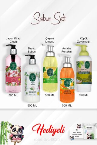 500 ML Sabun Paket Çeşme Limonu, Antalya Portakalı ,Japon Kiraz Çiçeği, Beyaz Sabun, Zeytinyağlı ve Rosie