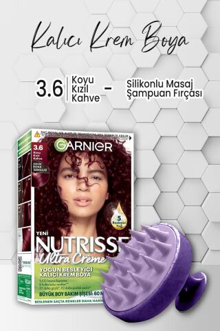 Garnier Nutrisse Yoğun Besleyici Krem Saç Boyası 3.6 Koyu Kızıl Kahve ve Şampuan Fırçası Mor