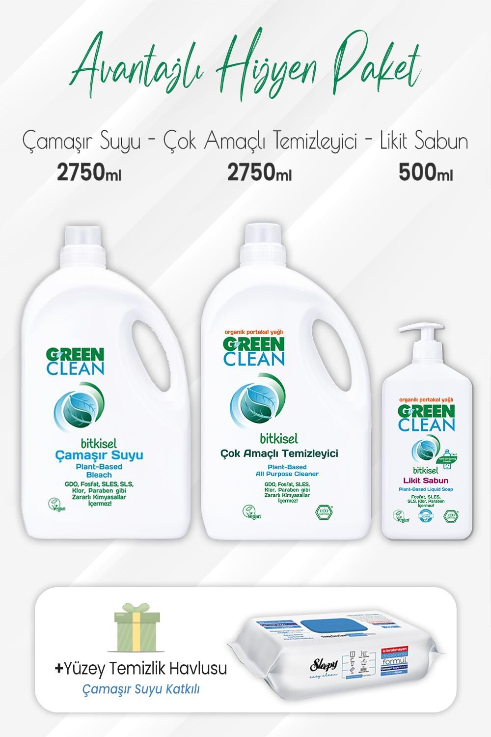 Green Clean Çamaşır Suyu , Çok Amaçlı 2,75 lt, Likit Sabun 500 ml ve Çamaşır Sulu Yüzey 100' lü