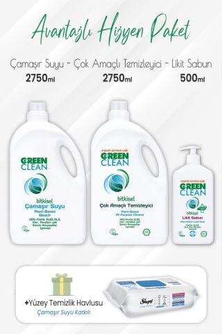 Green Clean Çamaşır Suyu , Çok Amaçlı 2,75 lt, Likit Sabun 500 ml ve Çamaşır Sulu Yüzey 100' lü