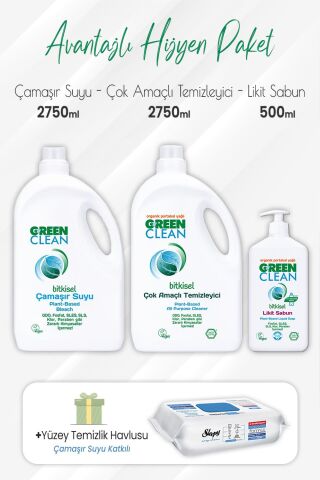 Green Clean Çamaşır Suyu , Çok Amaçlı 2,75 lt, Likit Sabun 500 ml ve Çamaşır Sulu Yüzey 100' lü