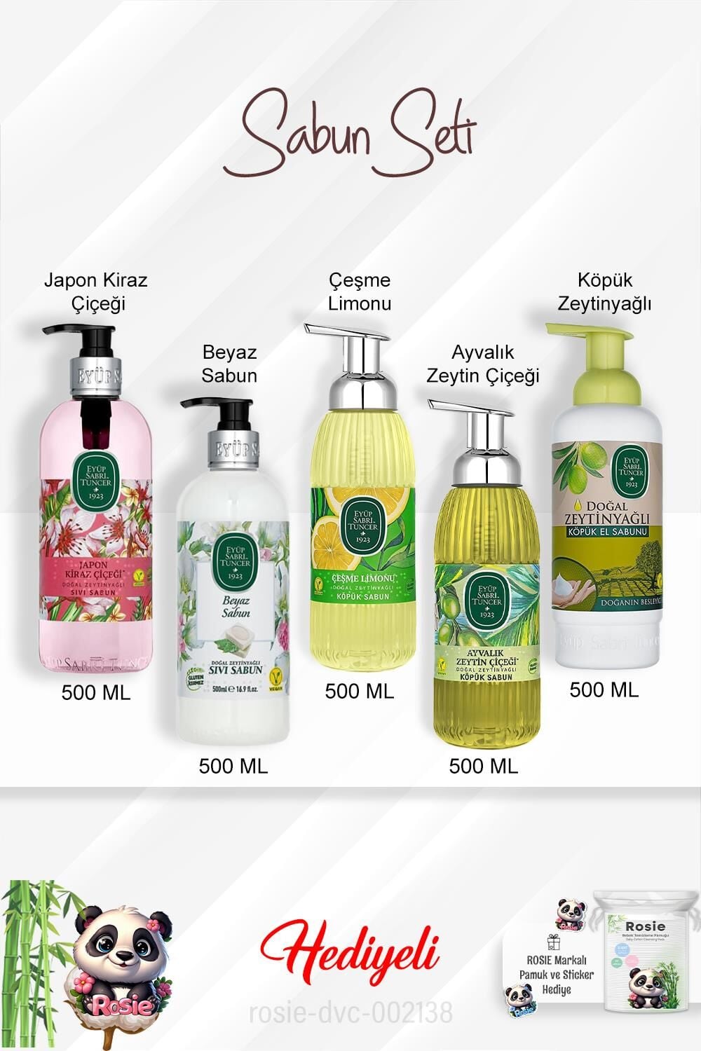 Sabun Paket 500 ML Ayvalık Zeytin Çiçeği, Çeşme Limonu, Japon Kiraz Çiçeği, Beyaz Sabun, Zeytinyağlı ve Rosie