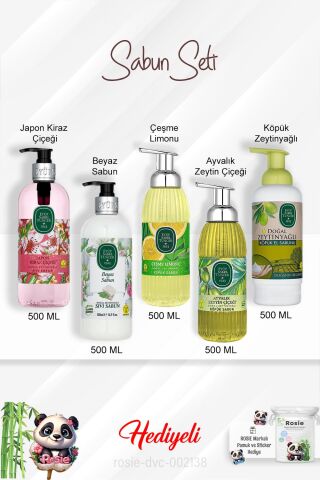 Sabun Paket 500 ML Ayvalık Zeytin Çiçeği, Çeşme Limonu, Japon Kiraz Çiçeği, Beyaz Sabun, Zeytinyağlı ve Rosie