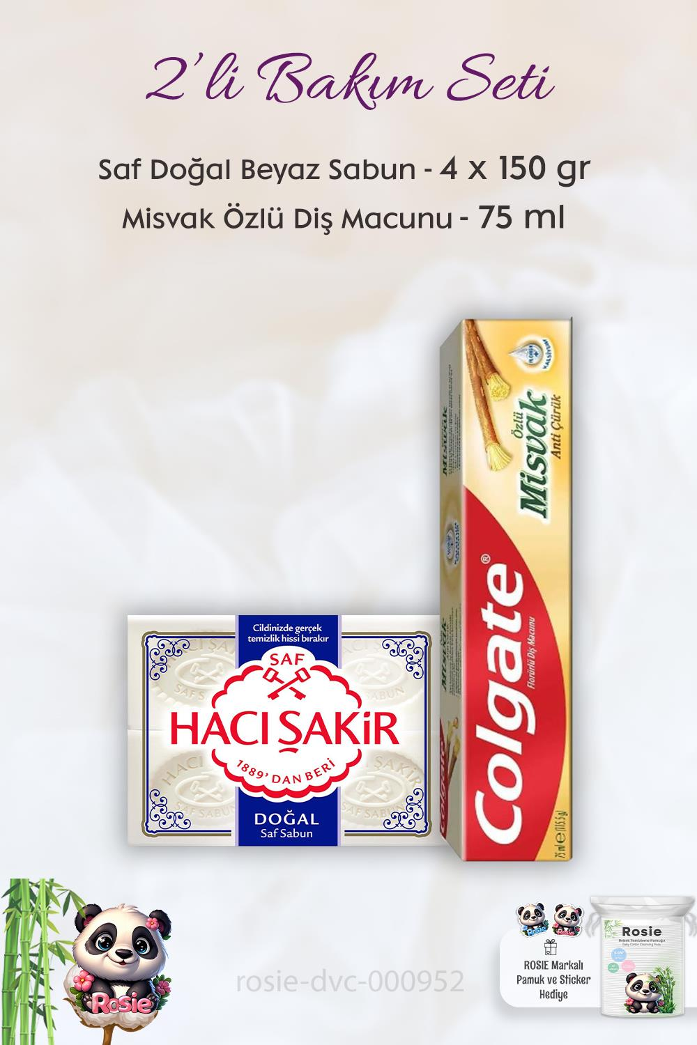 Colgate Misvak Özlü Diş Macunu 75 ml,  H. Şakir Saf Doğal Sabun 4 x 150 gr ve ROSIE