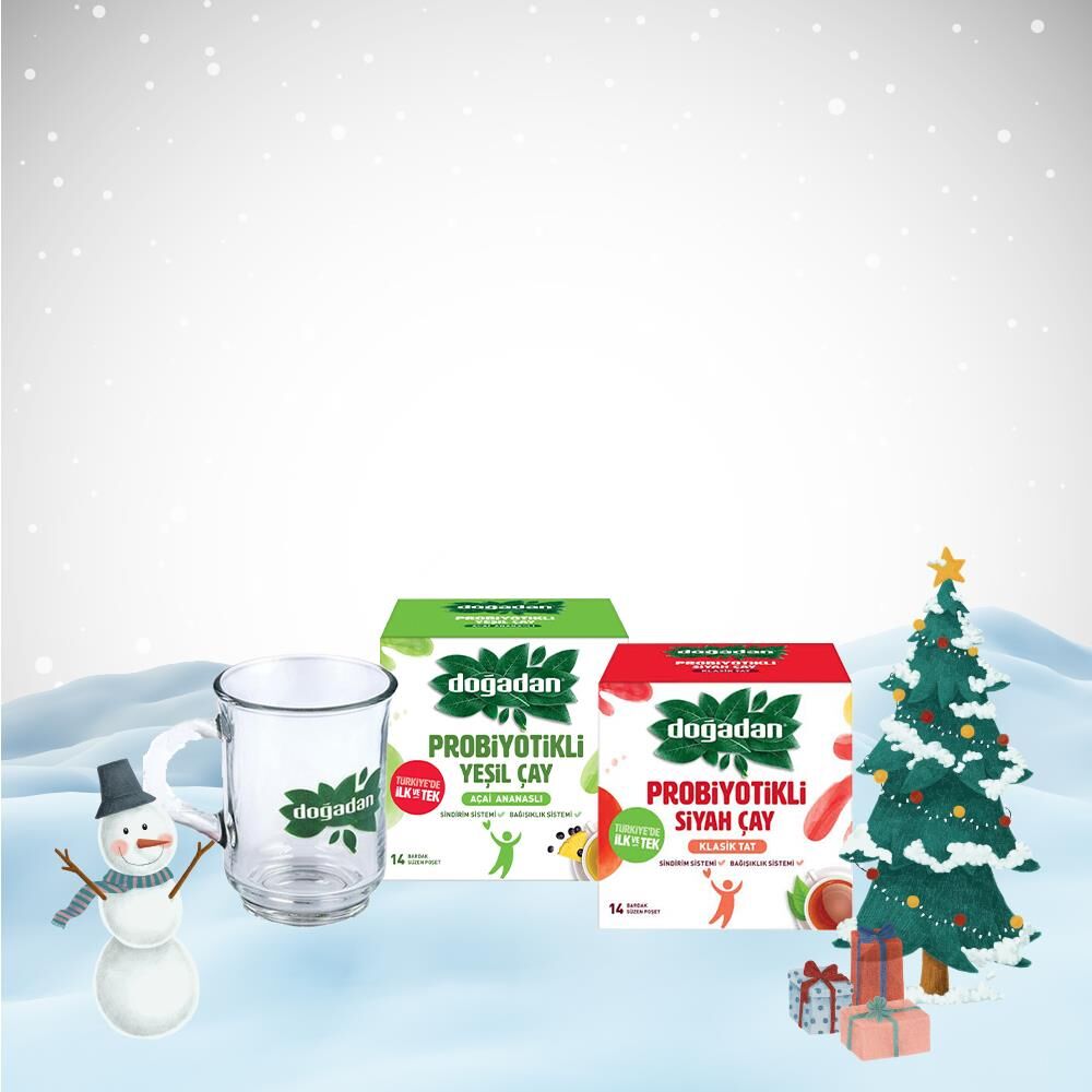 Doğadan Yılbaşı Paketi Probiyotikli Siyah Çay Klasik Tat ve Yeşil Çay Açai Ananas 14'lü, Cam Bardak Hediyeli