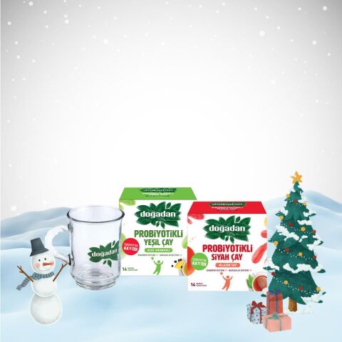 Doğadan Yılbaşı Paketi Probiyotikli Siyah Çay Klasik Tat ve Yeşil Çay Açai Ananas 14'lü, Cam Bardak Hediyeli