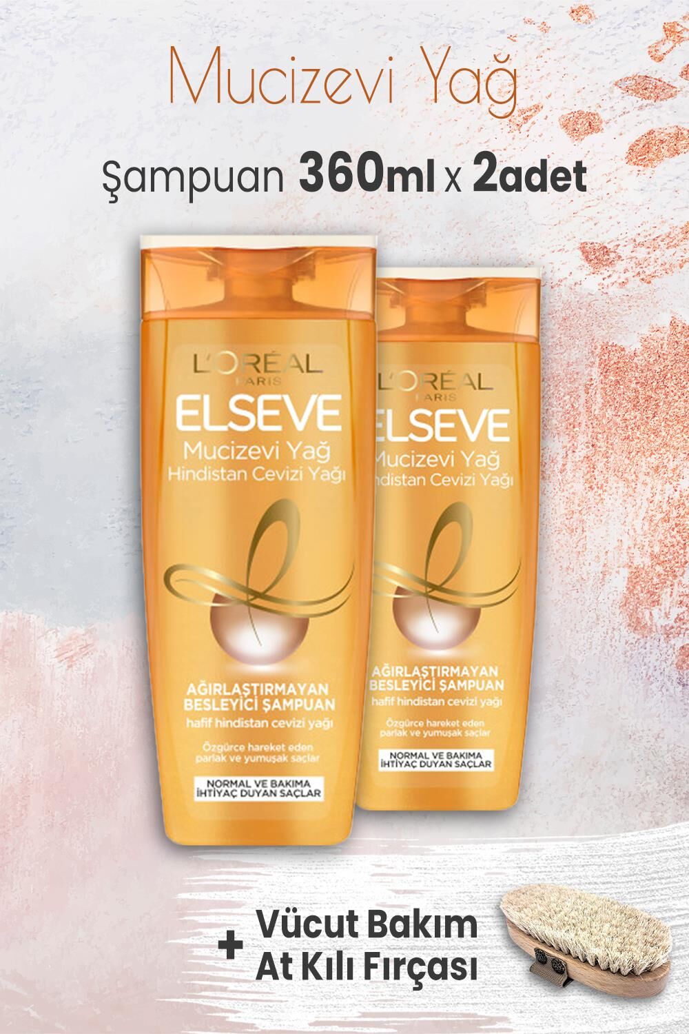 Elseve Mucizevi Yağ Şampuan Hindistan Cevizi 360 ml x 2 Adet ve Vücut Bakımı At Kılı Fırçası