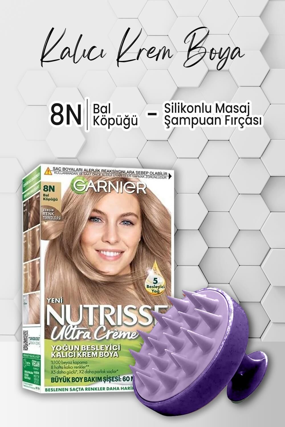 Garnier Nutrisse Yoğun Besleyici Krem Saç Boyası 8N Bal Köpüğü ve Şampuan Fırçası Mor