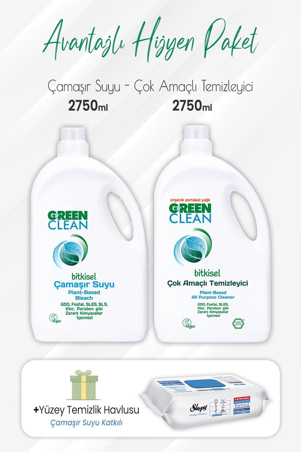 Green Clean Çamaşır Suyu 2,75 lt, Çok Amaçlı 2,75 lt ve Çamaşır Sulu Yüzey 100' lü